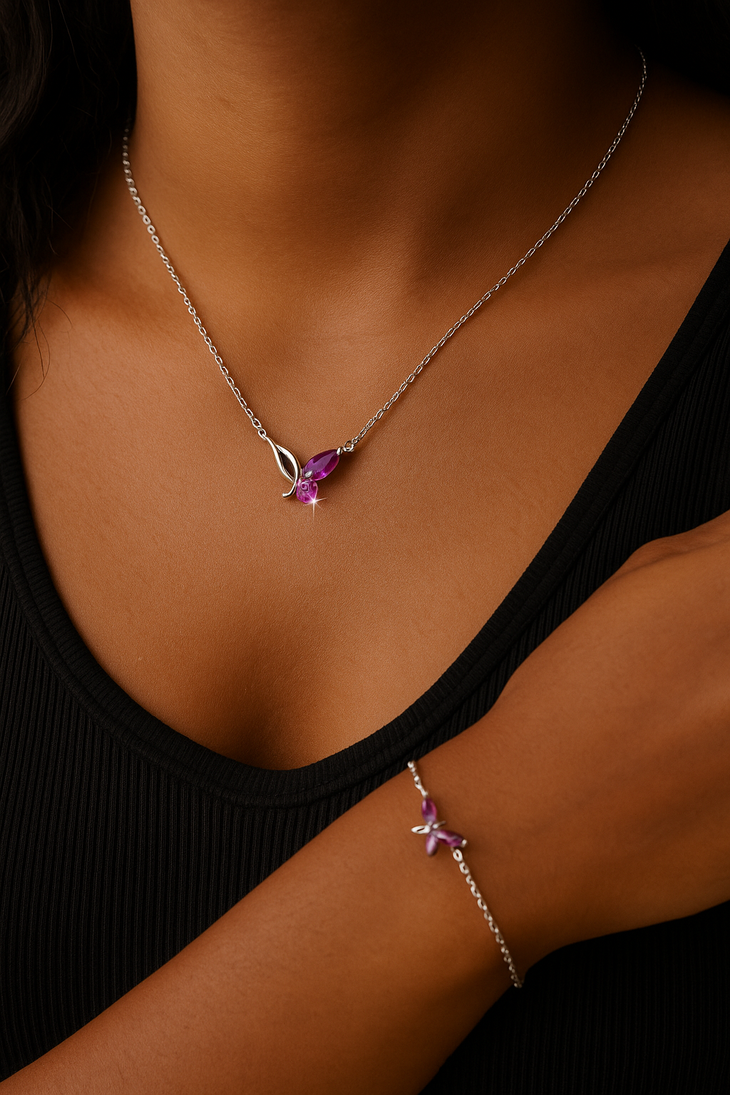 Conjunto Feminino Borboleta Rosa – Colar e Pulseira em Prata 925