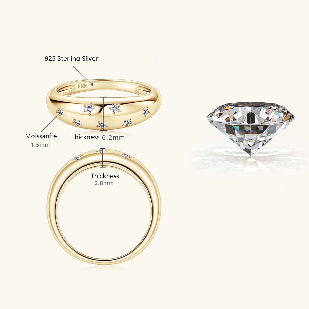 Anel Chunky Moissanite Dourado – Prata 925 com Cravação Luxo