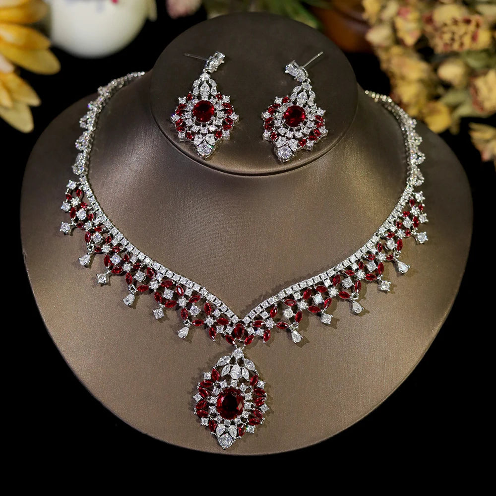 Conjunto Elegante de Joias com Zircônia Cúbica Vermelha