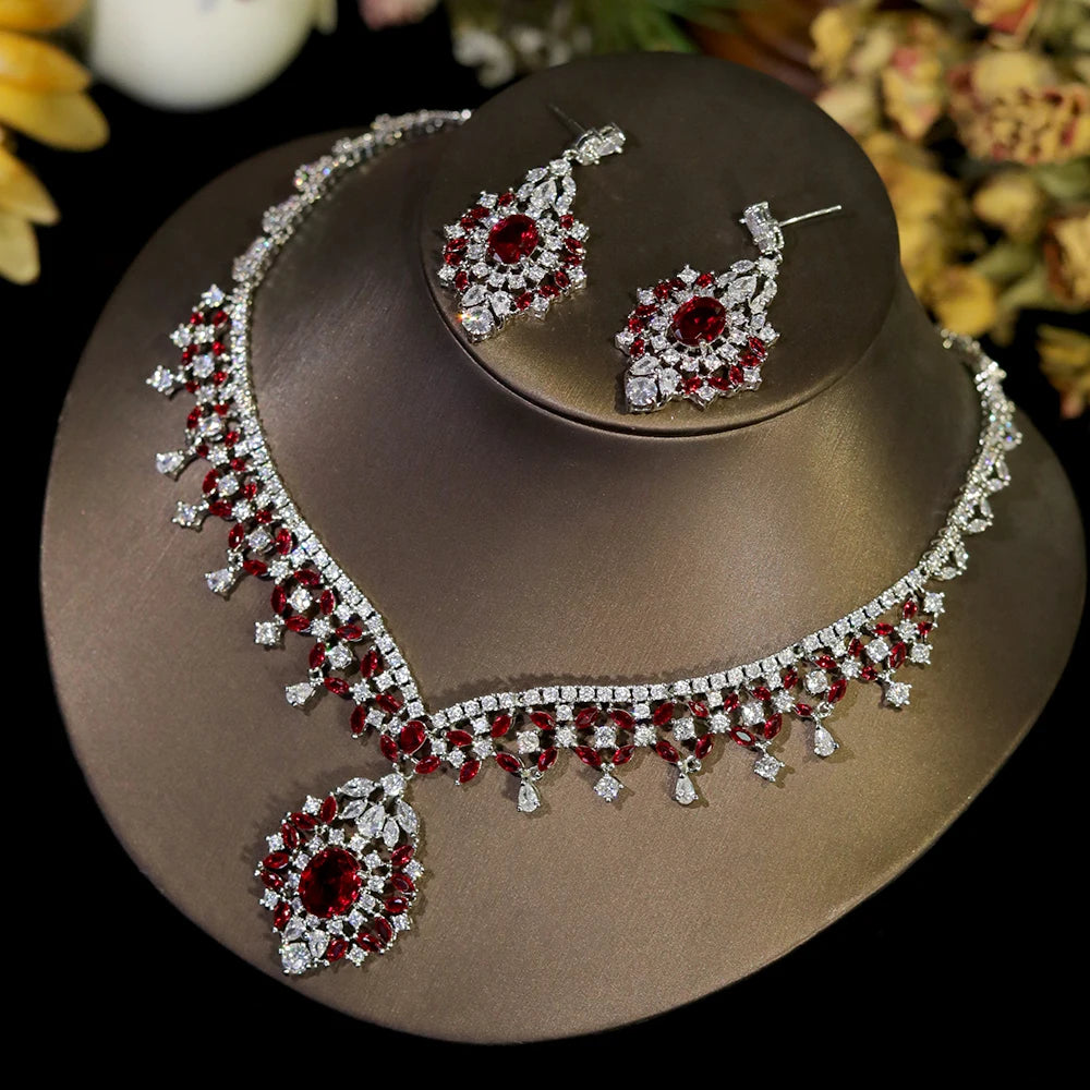Conjunto Elegante de Joias com Zircônia Cúbica Vermelha