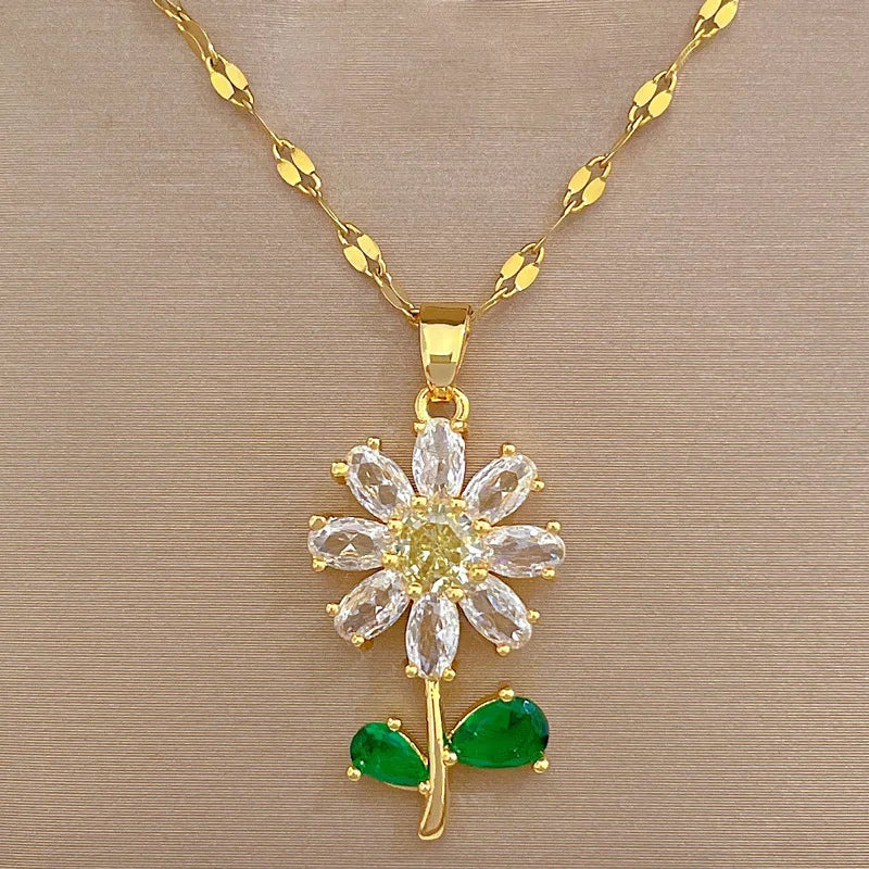 Conjunto Colar e Brincos com Flor em Aço Inoxidável