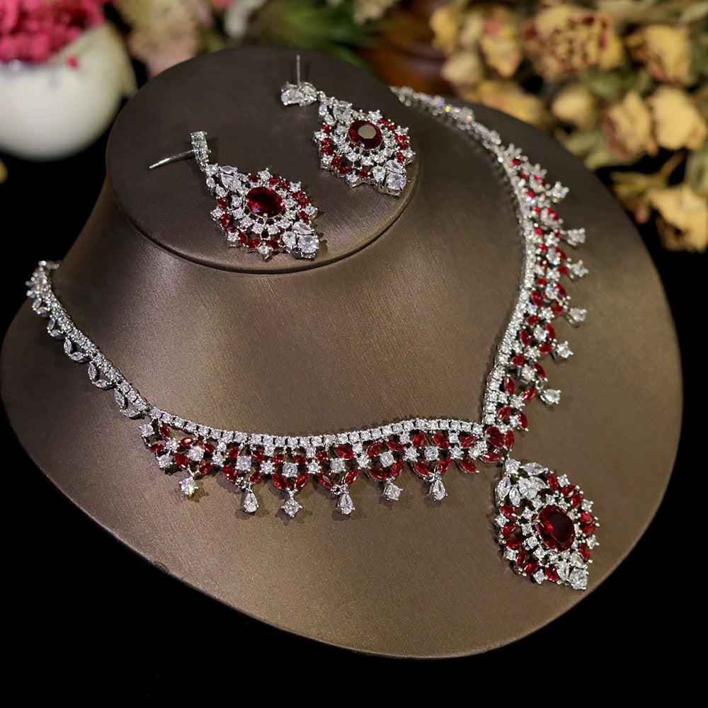 Conjunto Elegante de Joias com Zircônia Cúbica Vermelha