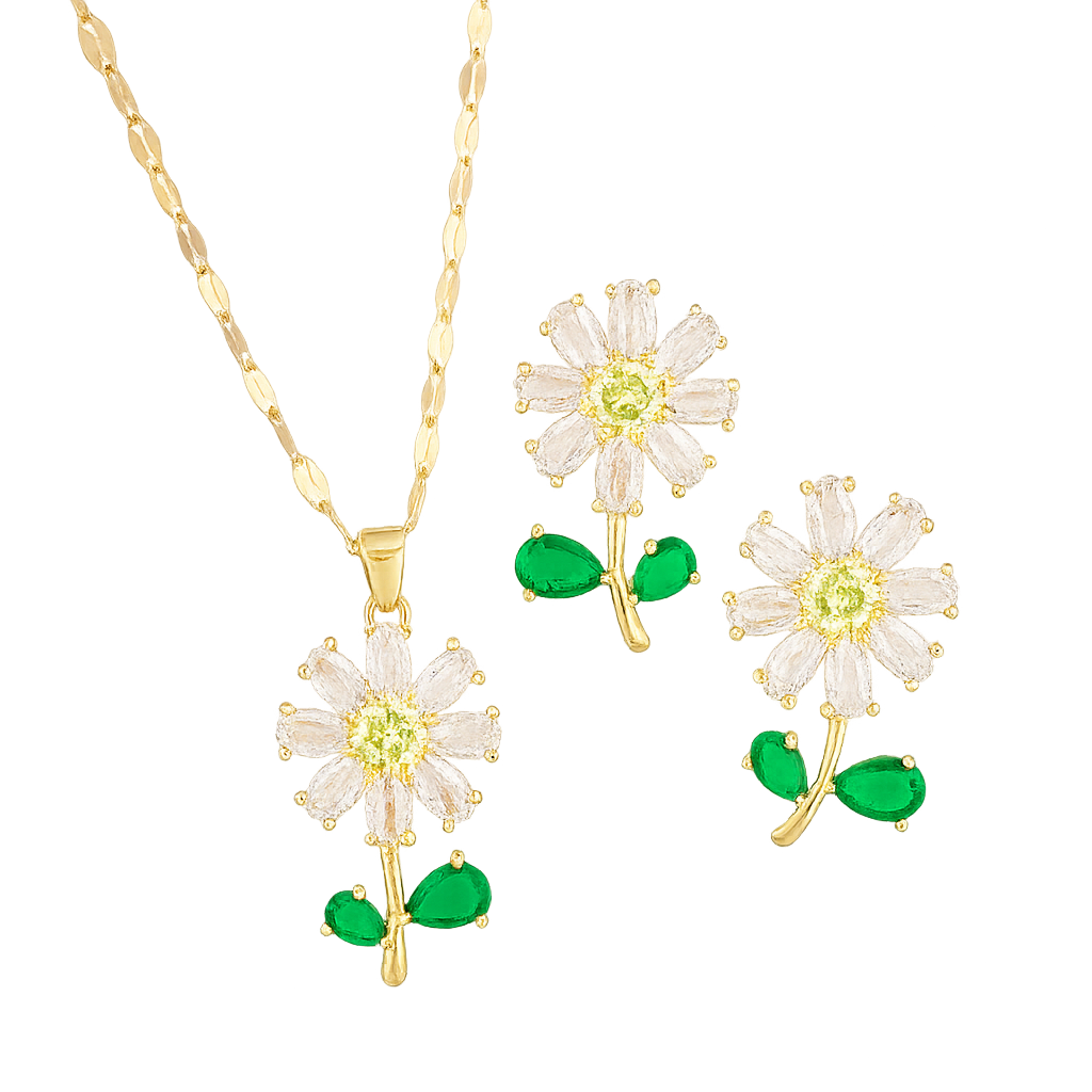 Conjunto Colar e Brincos com Flor em Aço Inoxidável