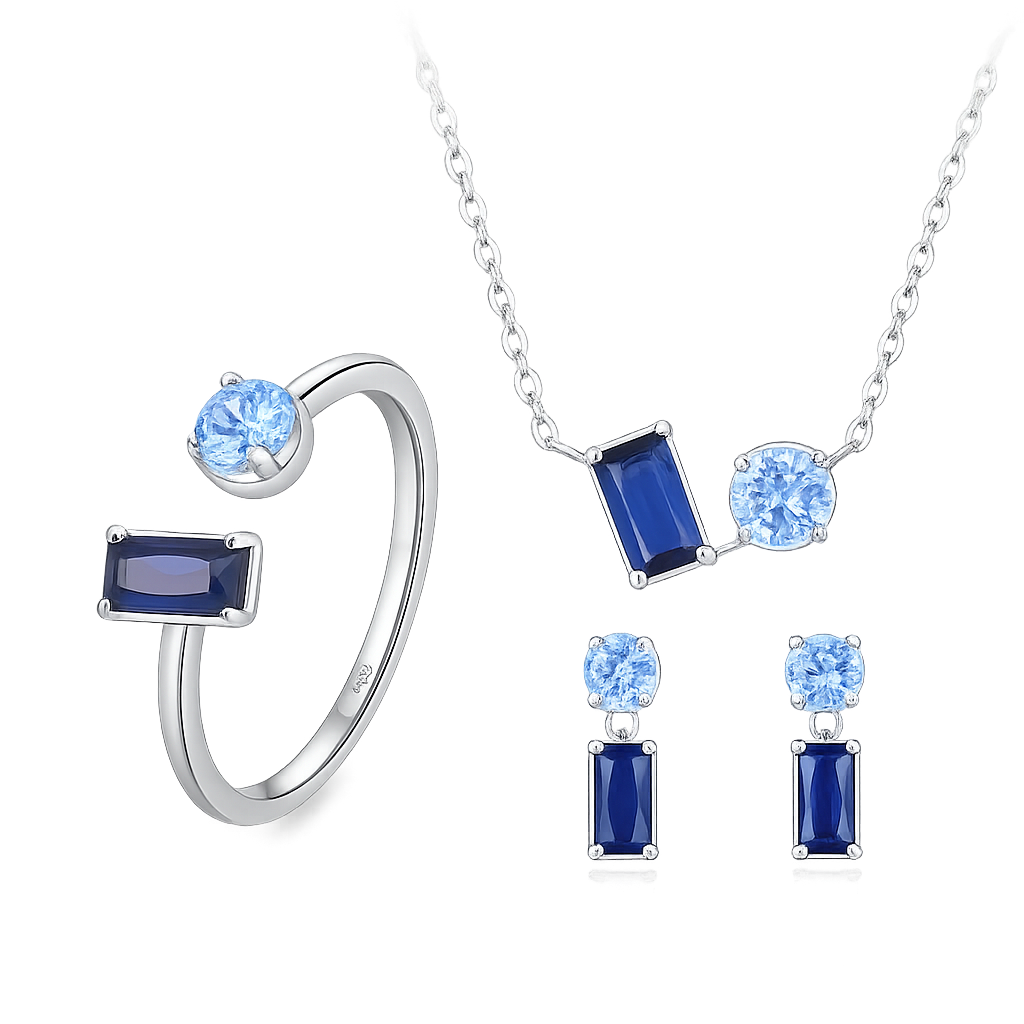 Conjunto Feminino Ailmay – Prata 925 com Zircônias Azuis