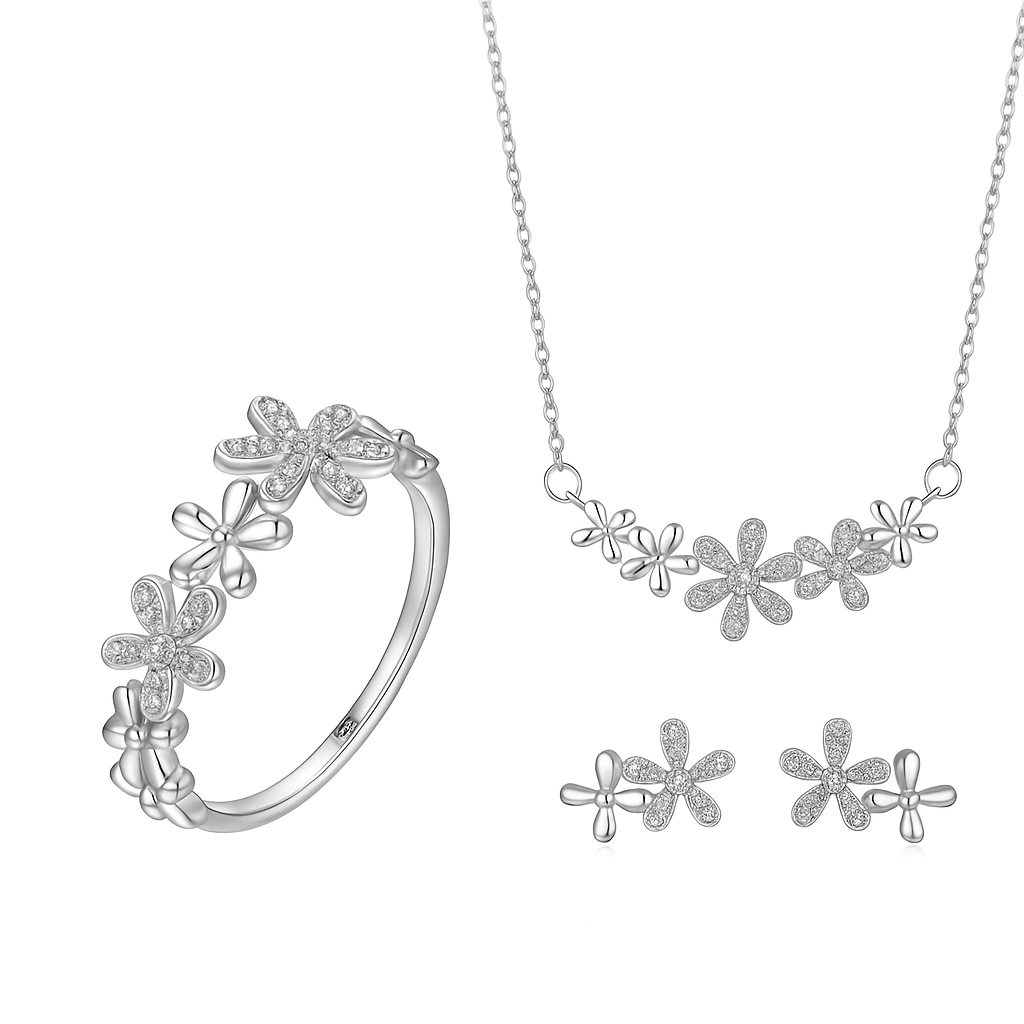Conjunto Feminino Flor de Margarida – Prata 925 com Zircônia Cúbica Brilhante