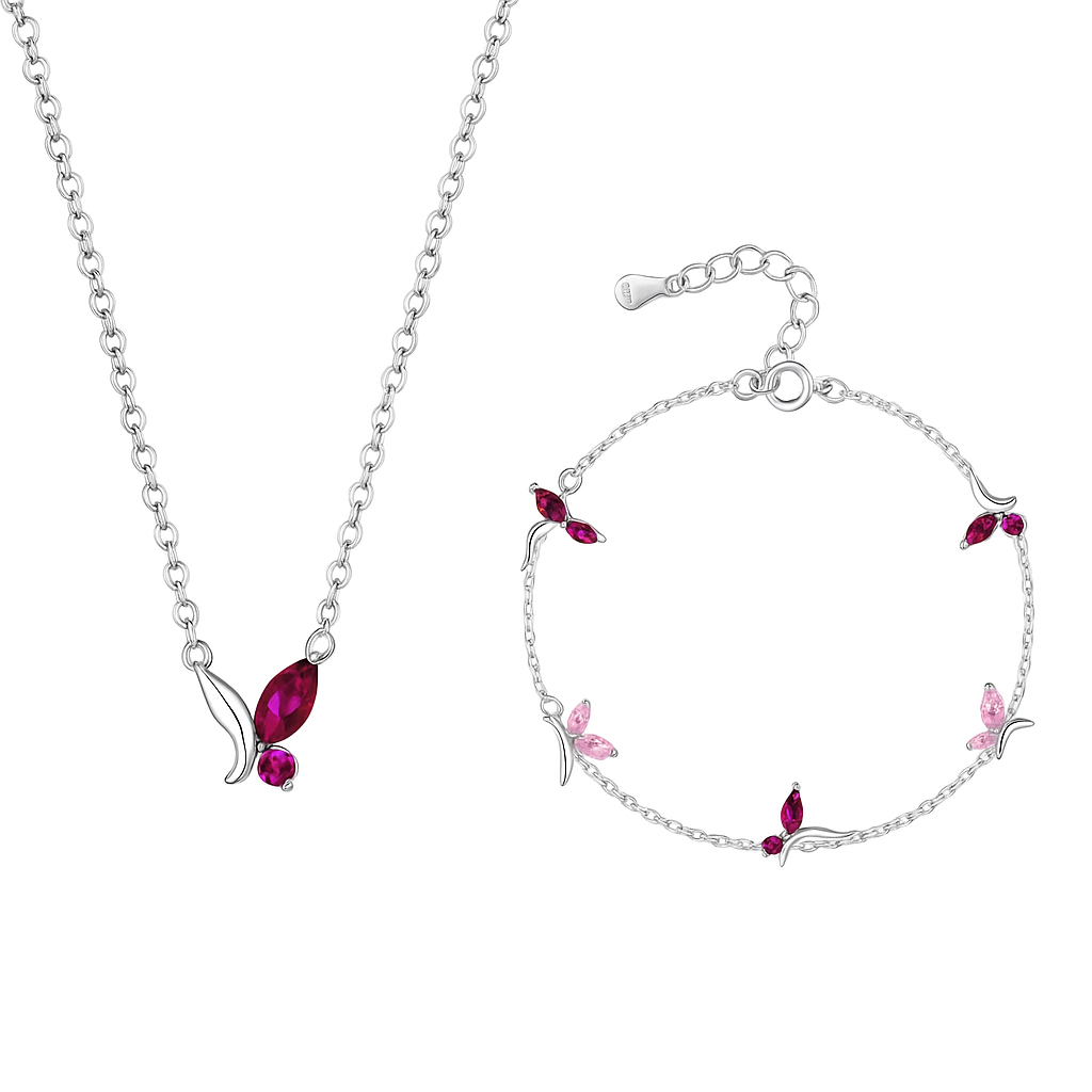 Conjunto Feminino Borboleta Rosa – Colar e Pulseira em Prata 925