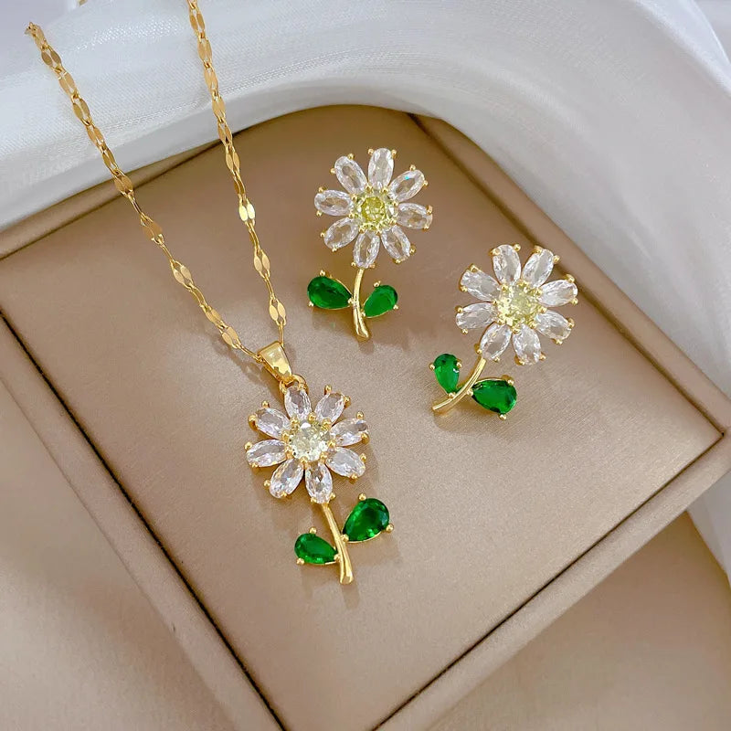 Conjunto Colar e Brincos com Flor em Aço Inoxidável