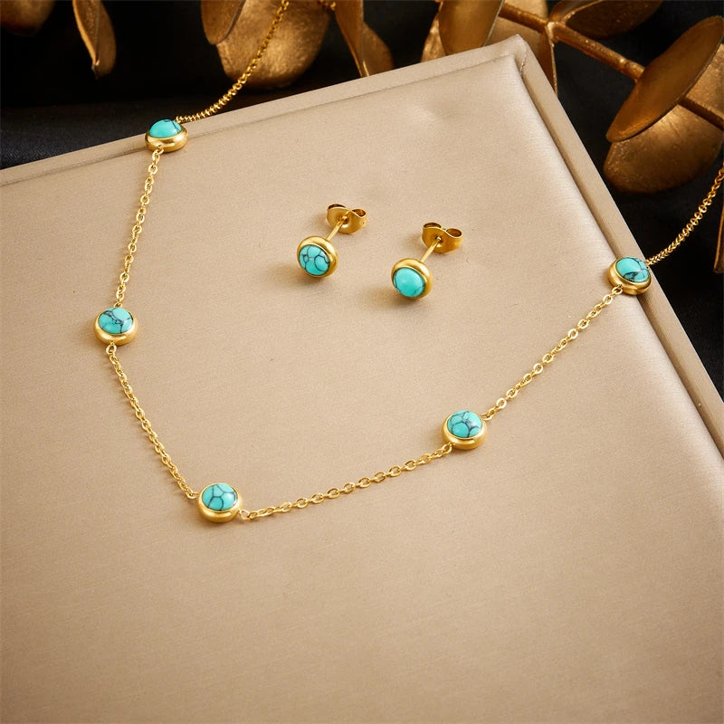 Conjunto Minimalista de Colar e Brincos /Pedra Turquesa