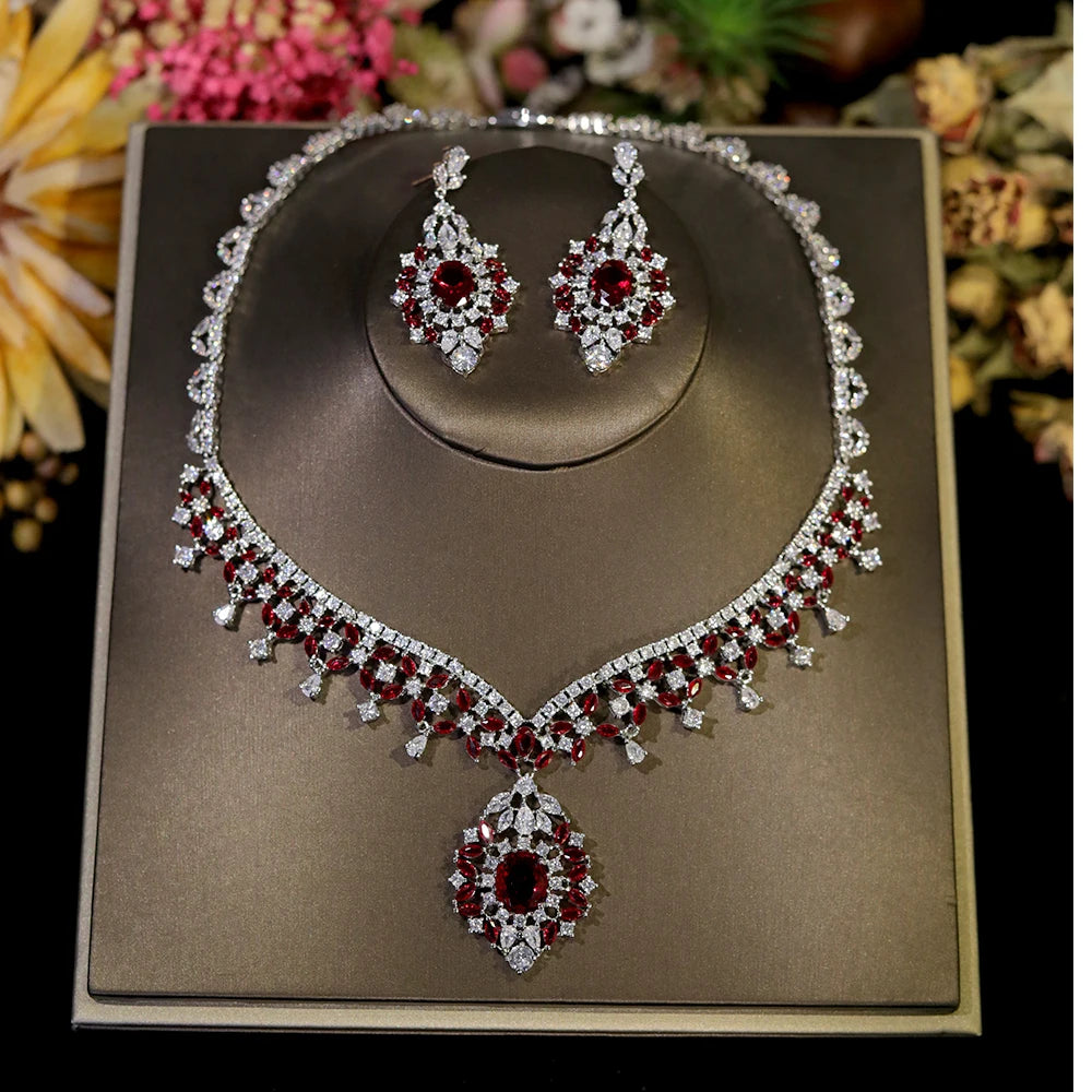 Conjunto Elegante de Joias com Zircônia Cúbica Vermelha