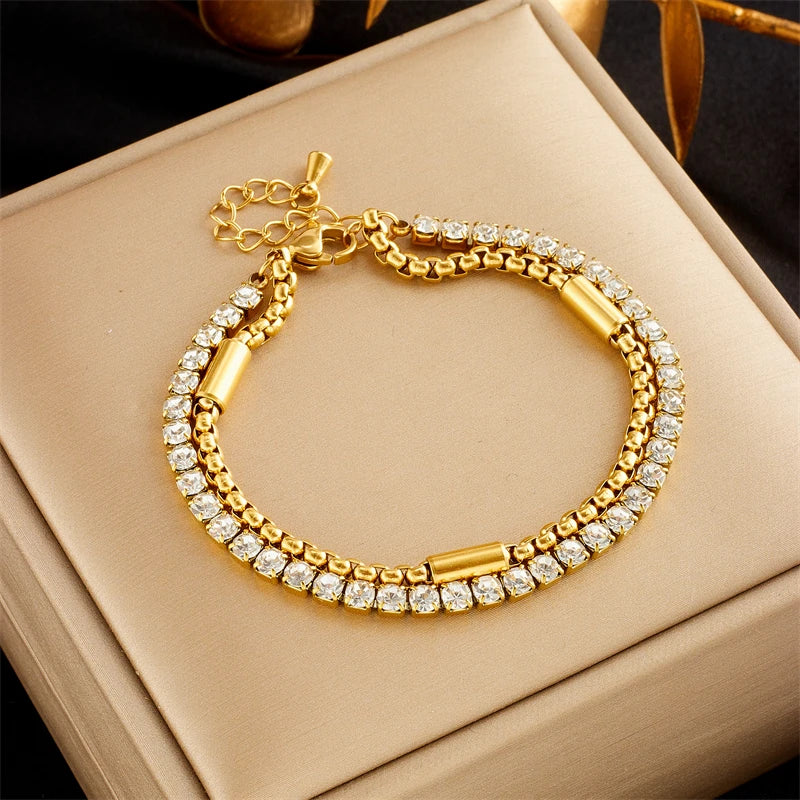 Pulseira Feminina 2 em 1 com Zircônia – Aço Inoxidável